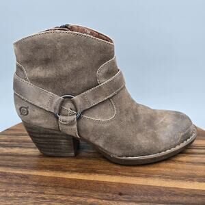 Born Boots Womens 7.5 M Brown Suede Harness Western Ankle Booties Zip Block Heel